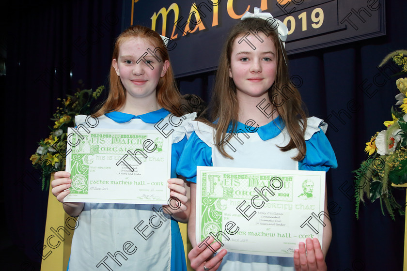 Feis14032019Thu59 
 59
Commended Olivia Hanlon and Molly OSullivan from Ovens.

Class: 310: The Peg Hallahan Memorial Perpetual Trophy Dramatic Duo 14 Years and Under A Dramatic Scene not exceeding 10 minutes.

Feis Maiti 93rd Festival held in Fr. Mathew Hall. EEjob 14/03/2019. Picture: Gerard Bonus.