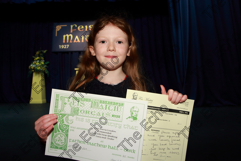 Feis23032019Sat03 
 3
Commended Faye Harris Creedon from Douglas.

Class: 368: Solo Verse Speaking Girls 7 Years and Under Section 3
Either: The Mermaid Theresa Heine or Night Ride Celia Warren.

Feis Maiti 93rd Festival held in Fr. Mathew Hall. EEjob 23/03/2019. Picture: Gerard Bonus.