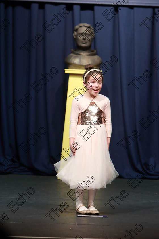 Feis23032019Sat32 
 32
Aisling N Shilleabhain from Ballincollig giving a Bronze Medal performance.

Class: 369: Solo Verse Speaking Girls 6 Years and Under Section 2 Either Ice Cone Island Bernard Lodge or Night Fright Marian Swinger.

Feis Maiti 93rd Festival held in Fr. Mathew Hall. EEjob 23/03/2019. Picture: Gerard Bonus.