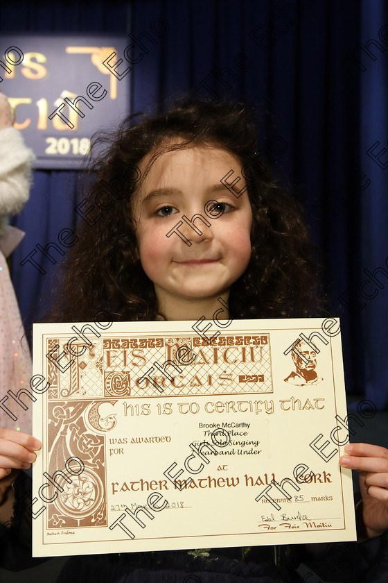 Feis27032018Tue45 
 45
3rd place Brooke McCarthy from Togher.
 Singing Class: 56: 7 Years and Under Crawley The Penguin Dance Feis Maiti 92nd Festival held in Fr. Mathew Hall. EEjob 27/03/2018 Picture: Gerard Bonus