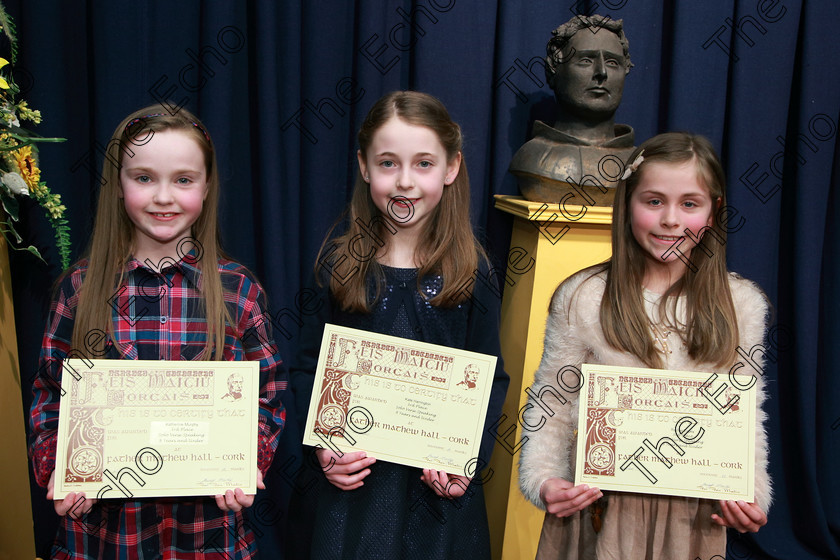 Feis24022018Sat09 
 9
Joint 3rd place Katherine Murphy from Ballinlough; Kate Harrington from Kinsale and Rachel Espey from Blackrock.
 Speech and Drama Class: 367: Solo Verse Speaking Girls 8 Years and Under Section 2 Feis Maiti 92nd Festival held in Fr. Mathew Hall. EEjob 24/02/2018 Picture: Gerard Bonus.