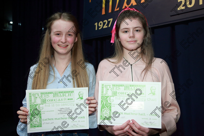 Feis14032019Thu61 
 61
Highly Commended Sophie OKeeffe and Aoife ODonoghue from Ovens.

Class: 310: The Peg Hallahan Memorial Perpetual Trophy Dramatic Duo 14 Years and Under A Dramatic Scene not exceeding 10 minutes.

Feis Maiti 93rd Festival held in Fr. Mathew Hall. EEjob 14/03/2019. Picture: Gerard Bonus.