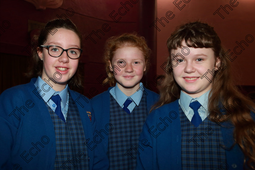 Feis28022019Thu05 
 5
Meadhbh Duffin, Gemma Corcoran and Molly Cullin from Bunscoil Bhthar na Naomh Lismore.

Class: 84: The Sr. M. Benedicta Memorial Perpetual Cup Primary School Unison ChoirsSection 1Two contrasting unison songs.

Feis Maiti 93rd Festival held in Fr. Mathew Hall. EEjob 28/02/2019. Picture: Gerard Bonus