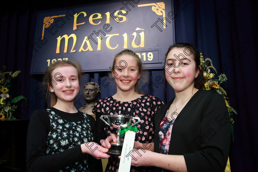 Feis10022019Sun59 
 59
Cup Winners The Kaelin 3o; Eadaoin Cronin, Ellen Crowley and Karla OHare.

Class: 269: The Lane Perpetual Cup Chamber Music 18 Years and Under
Two Contrasting Pieces, not to exceed 12 minutes

Feis Maiti 93rd Festival held in Fr. Matthew Hall. EEjob 10/02/2019. Picture: Gerard Bonus