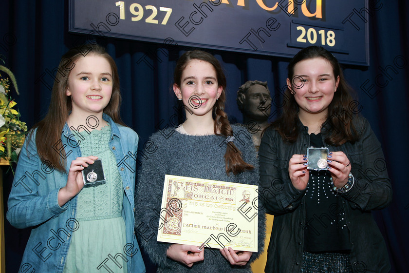 Feis22022018Thu27 
 27
Silver Medallist Emer Bradley from Blackrock; 3rd place Ciarnait Lyons from Glounthaune and Bronze Medallist Sadhbh David-OLeary from The City Centre.
 Speech and Drama Classes: 363: Solo Verse Speaking Girls 12 Years and Under Section 1 Feis Maiti 92nd Festival held in Fr. Mathew Hall. EEjob 22/02/2018 Picture: Gerard Bonus.