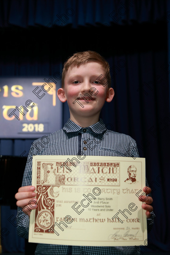 Feis05022018Mon04 
 4
Joint 3rd place Senan Barry Smith from Ovens. 
 Instrumental Music Class: 215: Woodwind Solo10 Years and Under Feis Maiti 92nd Festival held in Fr. Matthew Hall. EEjob 05/02/2018 Picture: Gerard Bonus.