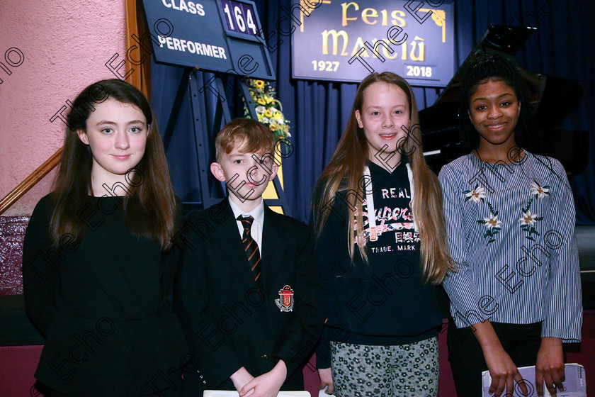 Feis31012018Wed05 
 5
Performers; Faustyna Long from Ballyvolane; Shea Hill from Turners Cross; Maeve Hannon from Wellington Road and Diamond Nzekwe from Knocknaheeny.
 Class: 164: Piano Solo 14 years and under. Feis Maiti 92nd Festival held in Fr. Matthew Hall. EEjob 31/01/2018 Picture: Gerard Bonus