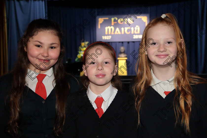 Feis12042018Thu03 
 3
Olivia Sliz, Susanne Nowak and Iona Jozowiak from Presentation Primary Fermoy.
 Singing Class: 84: The Sr. M. Benedicta Memorial Perpetual Cup Primary School Unison Choirs Section 1 Feis Maiti 92nd Festival held in Fr. Mathew Hall. EEjob 28/03/2018 Picture: Gerard Bonus