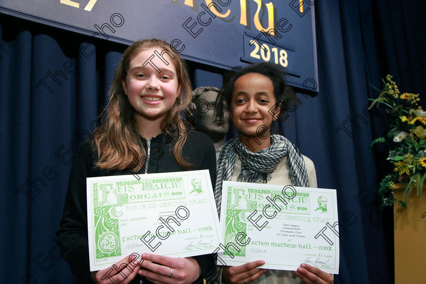 Feis12032018Mon65 
 65
Olivia Murphy and Sarah Higgins were Commended for their performance of In Need of Care.
 Speech and Drama Class: 311: Dramatic Duo 12 Years and Under Section 1 Solo Feis Maiti 92nd Festival held in Fr. Mathew Hall. EEjob 12/03/2018 Picture: Gerard Bonus