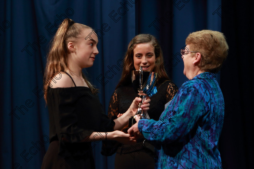 Feis02032019Sat10 
 10
Adjudicator Eileen Field presenting the Cup to Abbie Palliser Kehoe from Carrigaline with Bronze Medallist Siri Forde from Bishopstown.

Class: 18: The Junior Musical Theatre Recital Perpetual Cup Solo Musical Theatre Repertoire 15 Years and Under A 10 minute recital programme of contrasting style and period.

Feis Maiti 93rd Festival held in Fr. Mathew Hall. EEjob 02/03/2019. Picture: Gerard Bonus