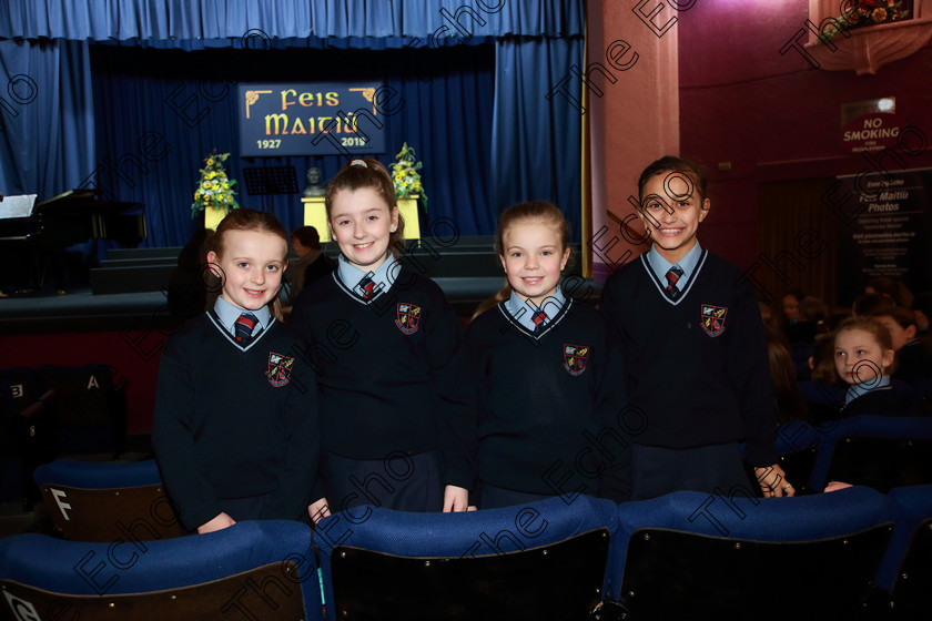 Feis01032019Fri03 
 3
Emma McCarthy, Ruby Hanigan, Sophie OSullivan and Sara Aouni from Scoil Aiseiri Chrost Farranree.

Class: 84: The Sr. M. Benedicta Memorial Perpetual Cup Primary School Unison ChoirsSection 2 Two contrasting unison songs.

Feis Maiti 93rd Festival held in Fr. Mathew Hall. EEjob 01/03/2019. Picture: Gerard Bonus