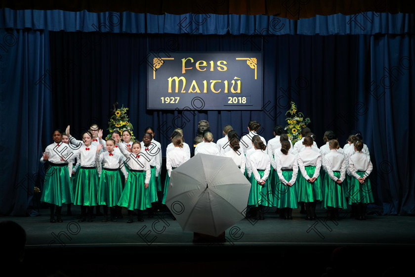 Feis28022018Wed03 
 On a snowy day only one choir made it into the hall for their performance, Scoil mhuire, Ballincollig braved the elements, snow and ice and totally enthralled the adjudicator, Marilynne Davies that she asked them to perform again and they did, spectacularly, showing their skill and talents so well that they were awarded the highest mark of 90 points, a rare achievement made all the more special on a day that most schools were closed due to weather and also making the choirs first visit to eh Feis performing a medley from Mary Poppins during the The Pam Golden Perpetual Cup Group Action Songs Primary Schools Class 104 Feis Maiti 92nd Festival held in Fr. Mathew Hall. EEjob 27/02/2018 Picture: Gerard Bonus.