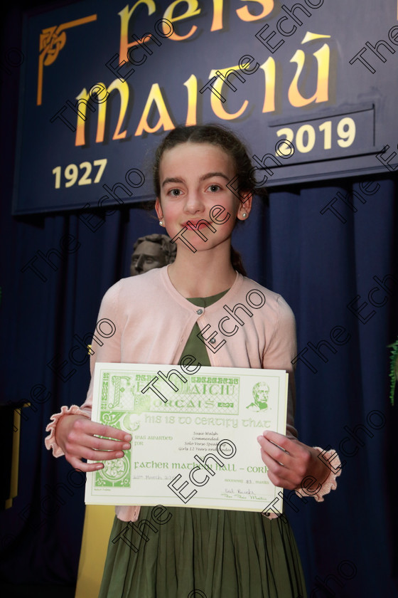 Feis20032019Wed24 
 24
Commended Suzie Walsh from Blackrock.

Class: 363: Solo Verse Speaking Girls 12Years and Under Section 2 Either: What has Happened to Lulu? Charles Causley or The Woman of Water Adrian Mitchell.

Feis Maiti 93rd Festival held in Fr. Mathew Hall. EEjob 20/03/2019. Picture: Gerard Bonus.