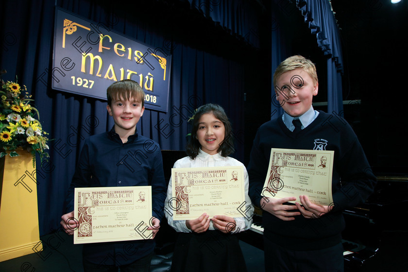 Feis06022018Tue23 
 23
Joint 3rd place John Lonergan from Conna; Roisn Martin from Bishopstown and Charlie Cassidy from Rathpeacon.
 Instrumental Music Class: 205: Brass Solo 12 Years and Under Feis Maiti 92nd Festival held in Fr. Mathew Hall. EEjob 05/02/2018 Picture: Gerard Bonus.