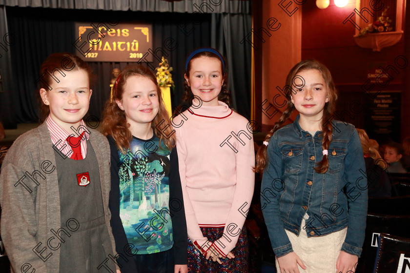 Feis19032019Tue03 
 3
Performers Frances OMahony, Afric ODonovan, Marie Coleman and Abby Clifford from Carrigrohane, Ballihassig, Mallow and Ovens.

Class: 365: Solo Verse Speaking Girls 10Years and Under Section 2 Either: Meeting Rachel Field or: Wanted A Witches Cat Shelagh McGee.

Feis Maiti 93rd Festival held in Fr. Mathew Hall. EEjob 19/03/2019. Picture: Gerard Bonus.