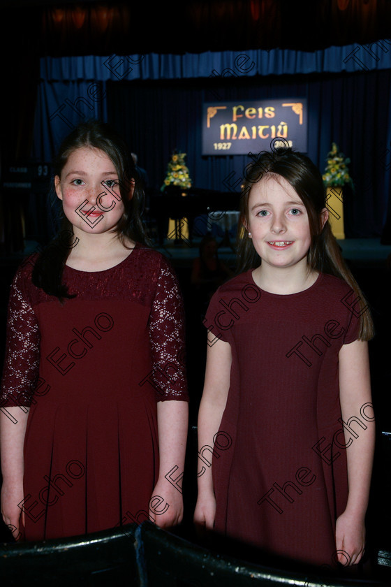 Feis05032018Mon01 
 1
Duo Sophie OShea and Katie Finn from Mitchelstown.
 Singing and School Choirs Class: 93: Vocal Duets 13 Years and Under Feis Maiti 92nd Festival held in Fr. Mathew Hall. EEjob 05/03/2018 Picture: Gerard Bonus.