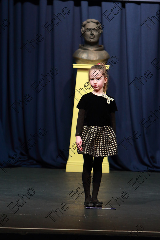 Feis23032019Sat42 
 42
Grace Wolfe performing.

Class: 369: Solo Verse Speaking Girls 6 Years and Under Section 2 Either Ice Cone Island Bernard Lodge or Night Fright Marian Swinger.

Feis Maiti 93rd Festival held in Fr. Mathew Hall. EEjob 23/03/2019. Picture: Gerard Bonus.