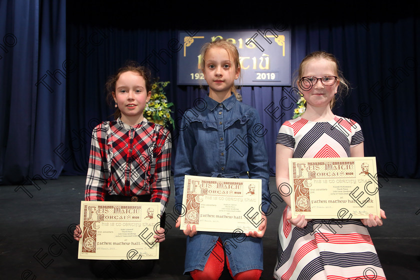 Feis29032019Fri30 
 30
3rd place Kate Leonard, from Douglas; Nadiya Yalova from Douglas and Niamh McNamara from Ballincollig.

Class: 365: Solo Verse Speaking Girls 10Years and Under Section 5 Either: Meeting Rachel Field or Wanted A Witches Cat Shelagh McGee.

Feis Maiti 93rd Festival held in Fr. Mathew Hall. EEjob 29/03/2019. Picture: Gerard Bonus