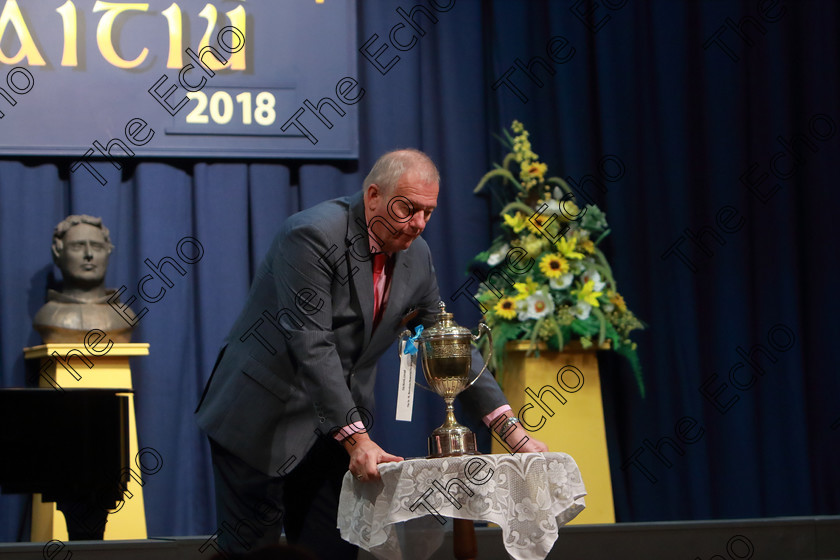 Feis12042018Thu34 
 34
Stage Hand Harry Ormond setting up the trophy.
 Singing Class: 84: The Sr. M. Benedicta Memorial Perpetual Cup Primary School Unison Choirs Section 1 Feis Maiti 92nd Festival held in Fr. Mathew Hall. EEjob 28/03/2018 Picture: Gerard Bonus