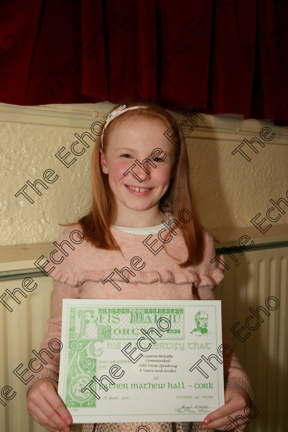 Feis11032018Sun15 
 15
Commended Lucy-Anne McAuliffe from Mallow.
 Singing and School Choirs Class: 367: Solo Verse Speaking Girls 8 Years and Under Section 5 Feis Maiti 92nd Festival held in Fr. Mathew Hall. EEjob 06/03/2018 Picture: Gerard Bonus.