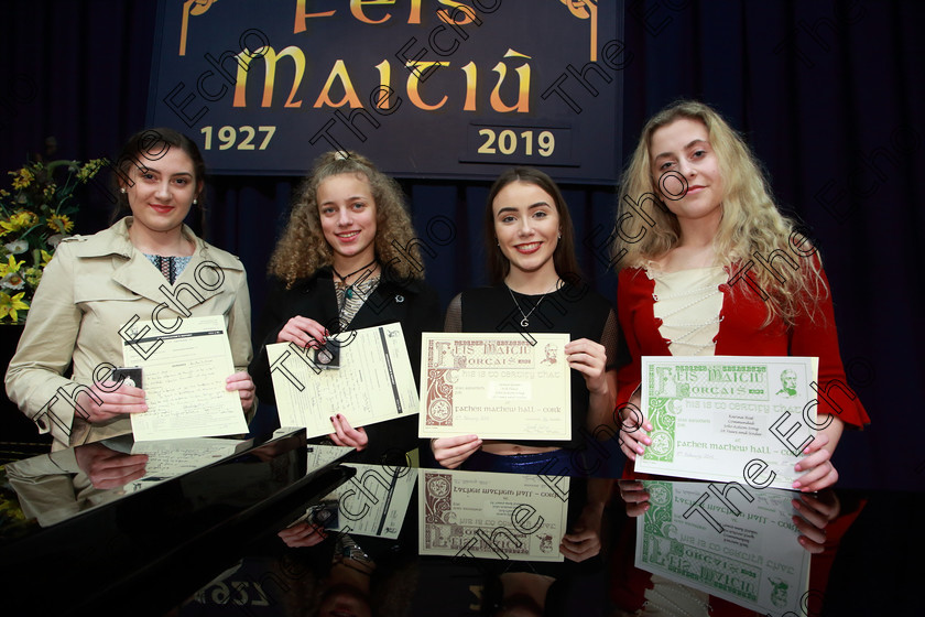 Feis08022019Fri52 
 52
Silver Medallist Lainie McKenna from Glenville; Bronze Medallist Appolilly Szwarc from Shanballymore; 3rd place Grace Glynn from Mallow and Commended Karina Rest from Mitchelstown.

Class: 111: The Edna McBirney Memorial Perpetual Cup Solo Action Song 16 Years and Under Section 1. Action song of own choice.

Feis Maiti 93rd Festival held in Fr. Matthew Hall. EEjob 08/02/2019. Picture: Gerard Bonus