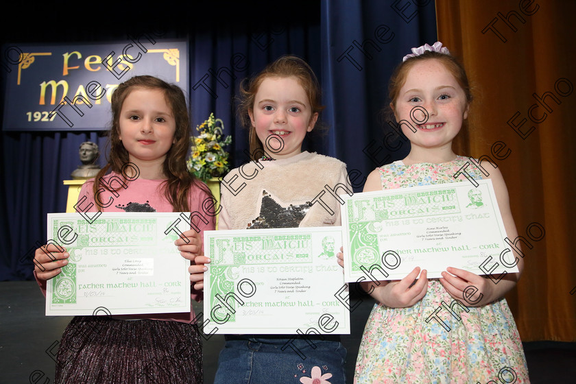 Feis31032019Sun54 
 54
Commended Ellie Long, Glenville; Rosn Stapleton, Currabeg and ine Hurley from Carrigtwohill.

Class: 368: Solo Verse Speaking Girls 7 Years and Under Section 5 Either: The Mermaid Theresa Heine. Or: Night Ride Celia Warren.

Feis Maiti 93rd Festival held in Fr. Mathew Hall. EEjob 31/03/2019. Picture: Gerard Bonus