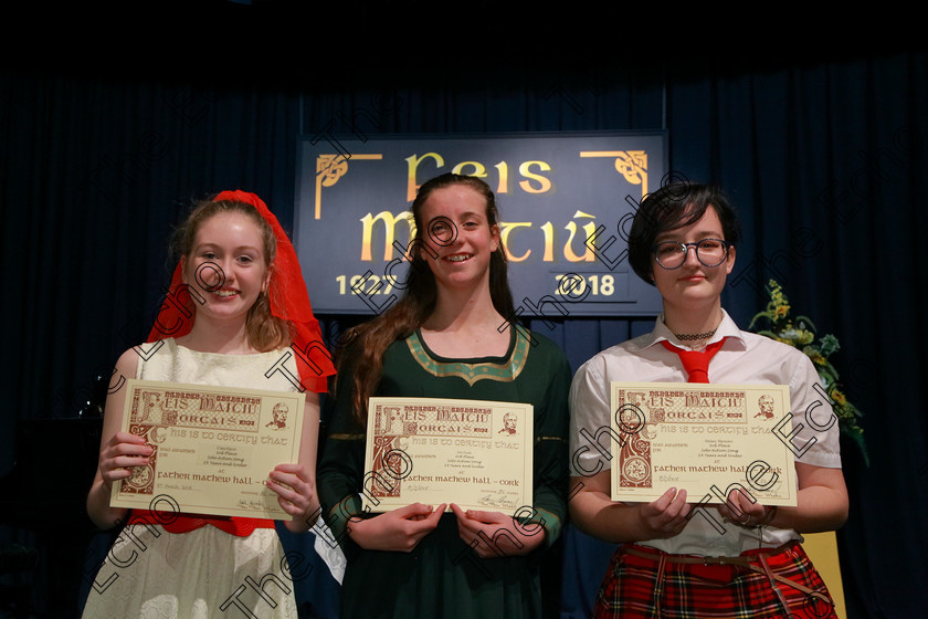 Feis08032018Thu29 
 29
Joint 3rd place Ciara Hayes, Siri Forde and Melany Shemetov 
 Singing and School Choirs Class: 112: The C.A.D.A. Perpetual Trophy Solo Action Song 14 Years and Under Section 2 Feis Maiti 92nd Festival held in Fr. Mathew Hall. EEjob 06/03/2018 Picture: Gerard Bonus.