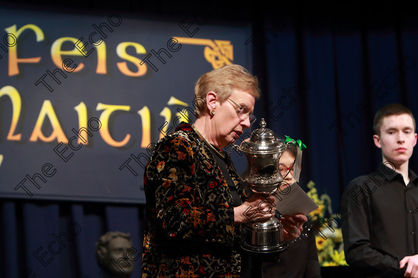 Feis0702109Thu21 
 21
Adjudicator Marilynne Davies announcing the winner of the Cup and Bursary.

Class: 141: The Br. Paul ODonovan Memorial Perpetual Cup and Bursary Bursary Value 500 Sponsored by the Feis Maiti Advanced Recital Programme 17Years and Under An Advanced Recital Programme.

Feis Maiti 93rd Festival held in Fr. Matthew Hall. EEjob 07/02/2019. Picture: Gerard Bonus