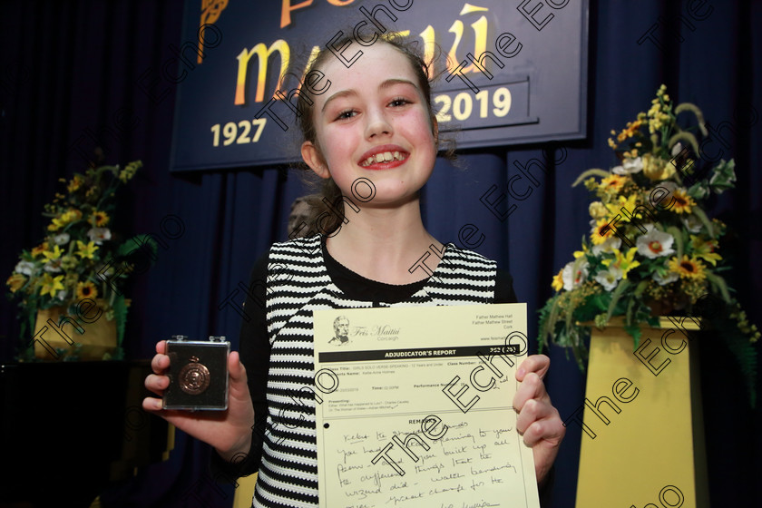 Feis20032019Wed20 
 20
Bronze Medalist Kelly Anne Holms from Coachford.

Class: 363: Solo Verse Speaking Girls 12Years and Under Section 2 Either: What has Happened to Lulu? Charles Causley or The Woman of Water Adrian Mitchell.

Feis Maiti 93rd Festival held in Fr. Mathew Hall. EEjob 20/03/2019. Picture: Gerard Bonus.