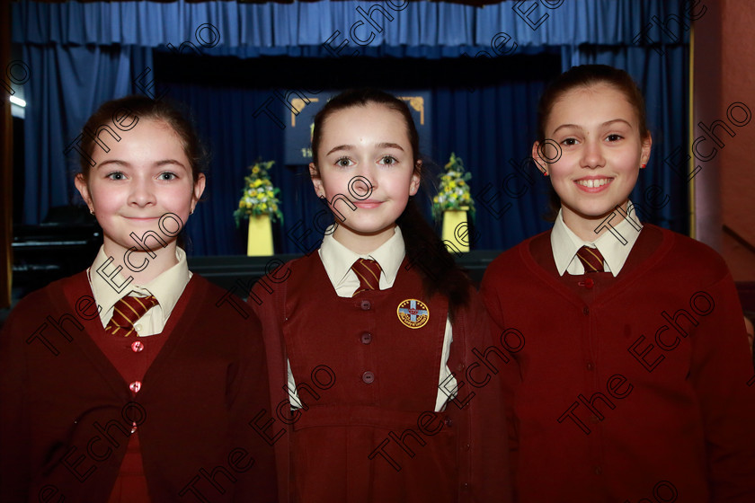 Feis28022019Thu01 
 1
Zoe Fahey, Rachel OMeara and Tamsin Rainford from Our Lady of Lourdes NS Ballinlough.

Class: 84: The Sr. M. Benedicta Memorial Perpetual Cup Primary School Unison ChoirsSection 1Two contrasting unison songs.

Feis Maiti 93rd Festival held in Fr. Mathew Hall. EEjob 28/02/2019. Picture: Gerard Bonus