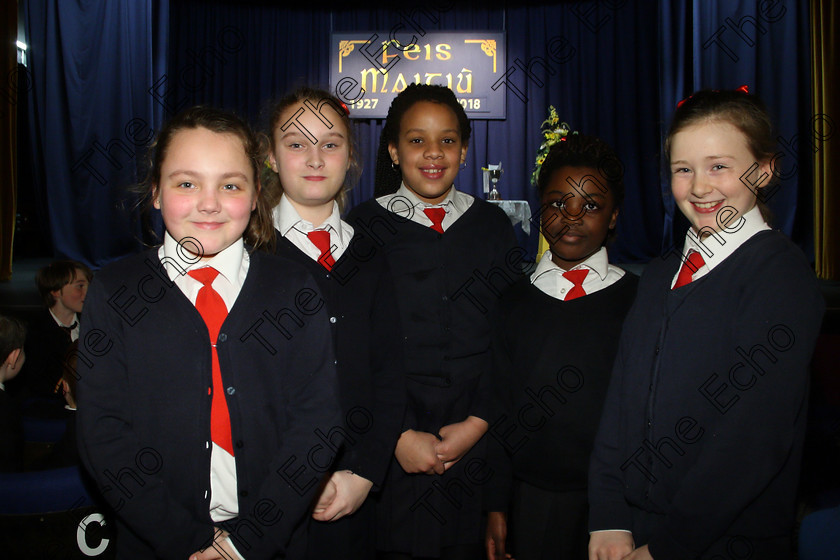 Feis23022018Fri53 
 53
Performers Olivia, Patricia, Mira, Ruth and Ellie from Presentation Bandon.
 Speech and Drama Class: 476: The Peg OMahony Memorial Perpetual Cup Choral Speaking 4th Class Feis Maiti 92nd Festival held in Fr. Mathew Hall. EEjob 23/02/2018 Picture: Gerard Bonus.