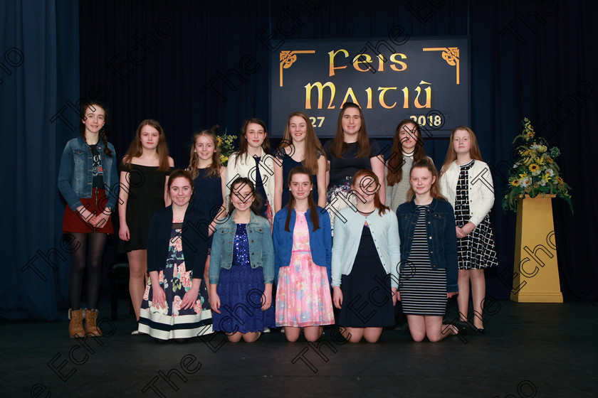 Feis05032018Mon35 
 35
Students from Loreto Secondary School, Fermoy under teacher, Sr. Nula Reidy who performed in the class. 
 Singing and School Choirs Class: 53: Girls Solo Singing 13 Years and Under Section 2 Feis Maiti 92nd Festival held in Fr. Mathew Hall. EEjob 05/03/2018 Picture: Gerard Bonus.