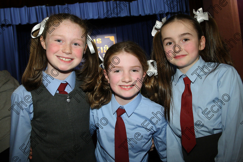 Feis23022018Fri52 
 52
Performers Laoise Ahern, Elma Scott and Abbie Murphy from Ovens NS.
 Speech and Drama Class: 476: The Peg OMahony Memorial Perpetual Cup Choral Speaking 4th Class Feis Maiti 92nd Festival held in Fr. Mathew Hall. EEjob 23/02/2018 Picture: Gerard Bonus.