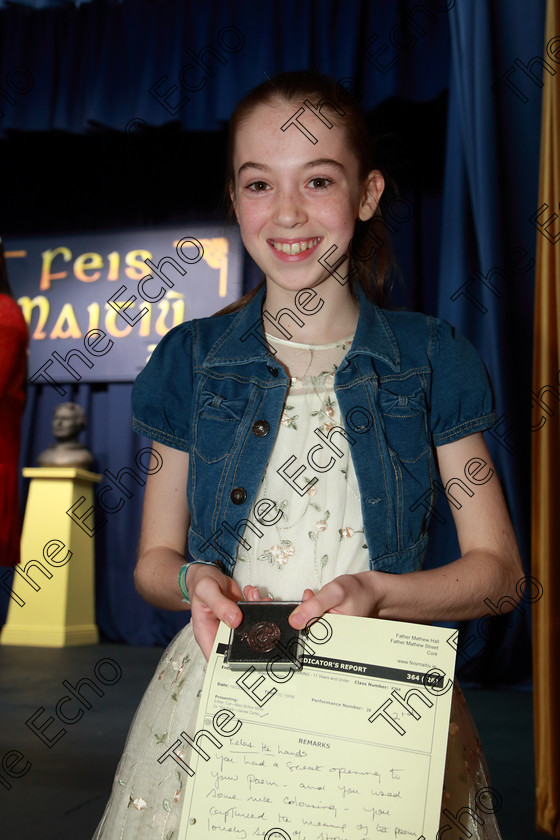 Feis19032019Tue32 
 32
Bronze Medalist Maeve Corkery from Douglas.

Class: 364: Solo Verse Speaking Girls 11 Years and Under Section 2 Either: Cat Mary Britton Miller or: The Dark James Carter.

Feis Maiti 93rd Festival held in Fr. Mathew Hall. EEjob 19/03/2019. Picture: Gerard Bonus.