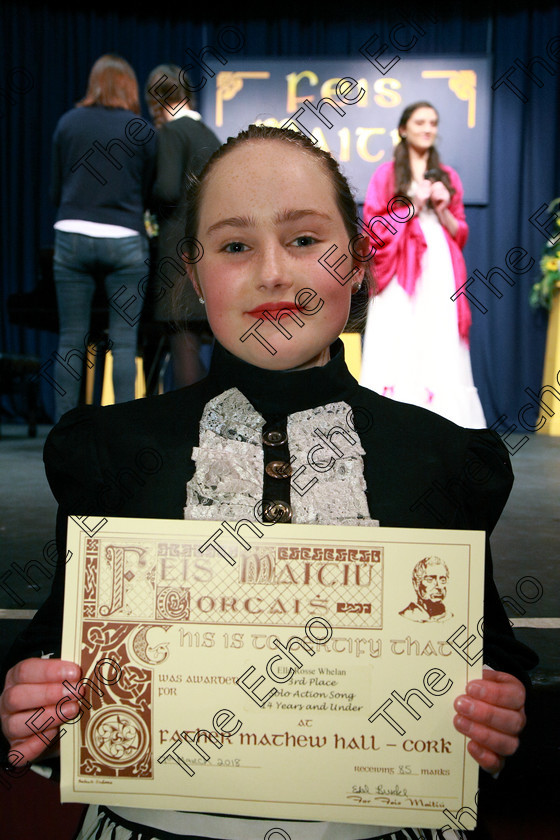 Feis07032018Wed45 
 45
Joint 3rd place Ella Rose Whelan from Mitchelstown for her performance of Brimstone and Treacle.
 Singing and School Choirs Class: 112: The C.A.D.A. Perpetual Trophy Solo Action Song 14 Years and Under Section 1 Feis Maiti 92nd Festival held in Fr. Mathew Hall. EEjob 06/03/2018 Picture: Gerard Bonus.