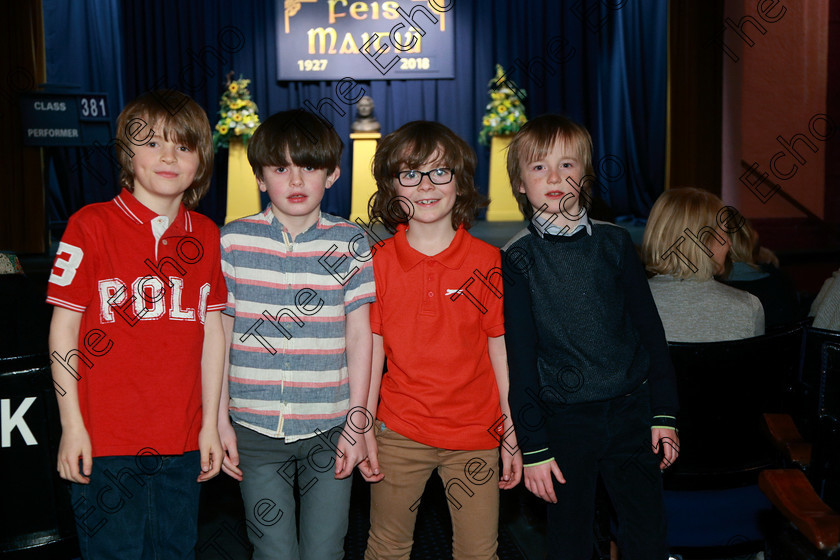 Feis24022018Sat64 
 64
Performers Hugh Cassidy, Brain Higgins, Evan Carter and Oscar Manning from Bishopstown.
 Speech and Drama Class: 381: Solo Verse Speaking Boys 8 Years and Under Section 2 Feis Maiti 92nd Festival held in Fr. Mathew Hall. EEjob 24/02/2018 Picture: Gerard Bonus.